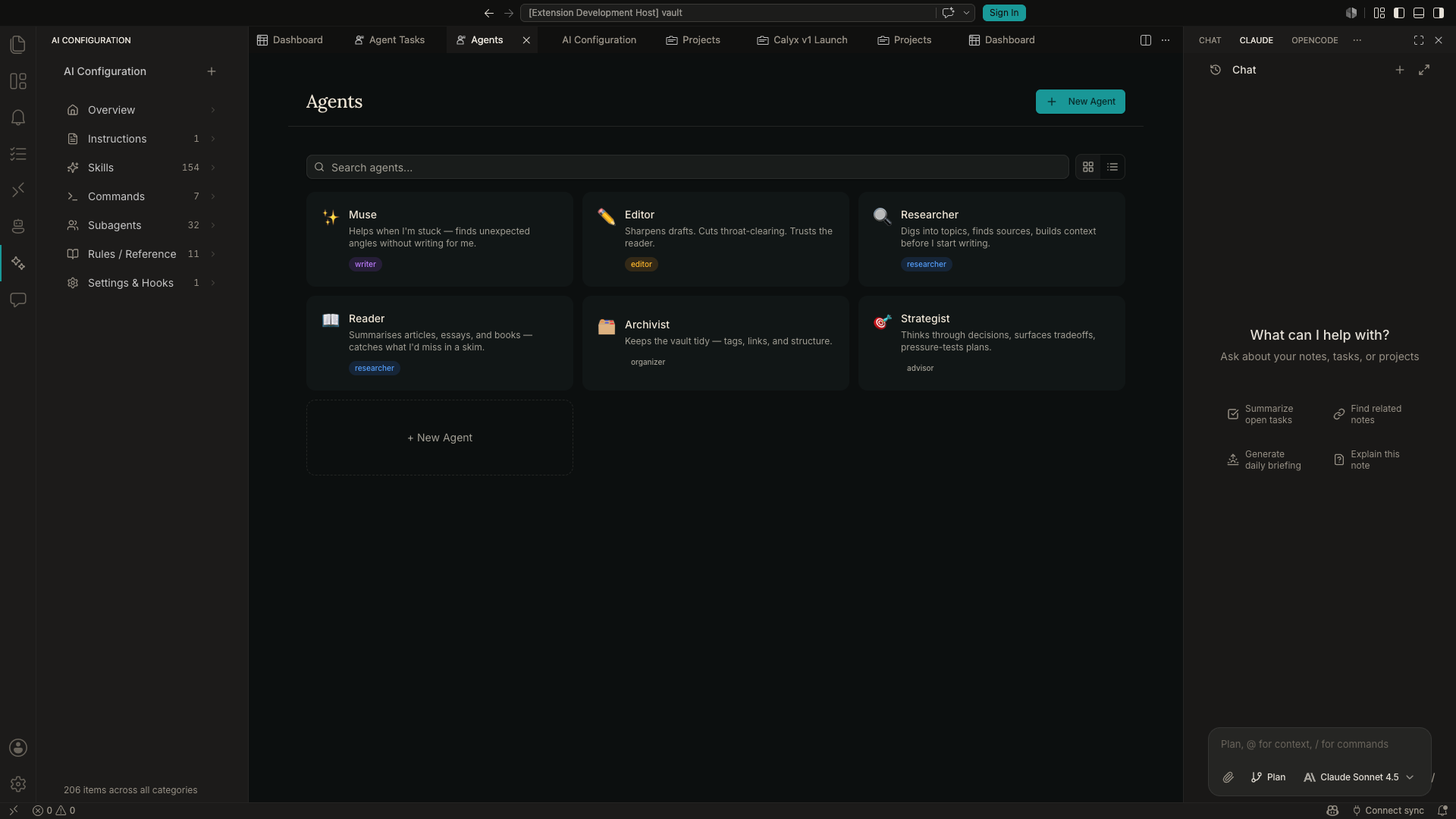Agents page showing six custom agents with emojis, descriptions, and role tags