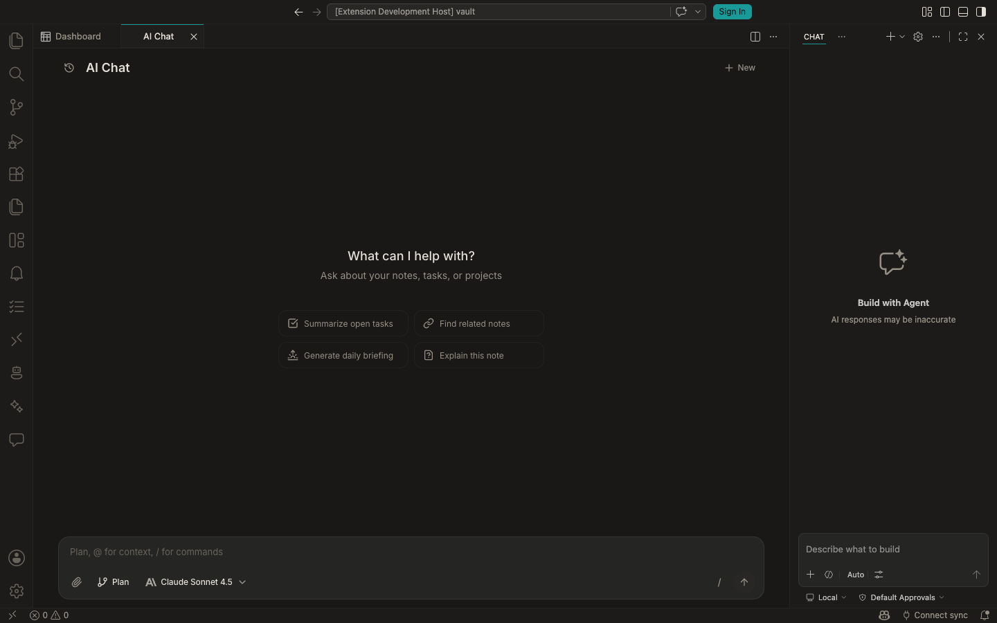 AI Chat interface with prompt suggestions for summarizing tasks, finding notes, and generating briefings