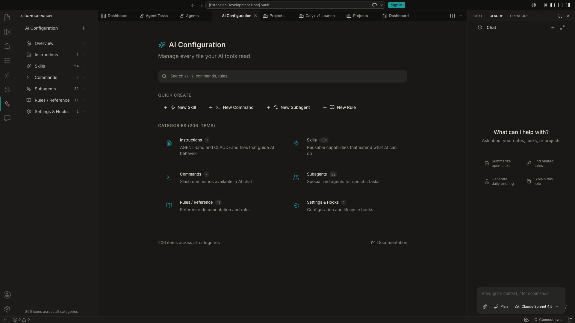 AI Configuration panel showing CLAUDE.md instructions and custom skills