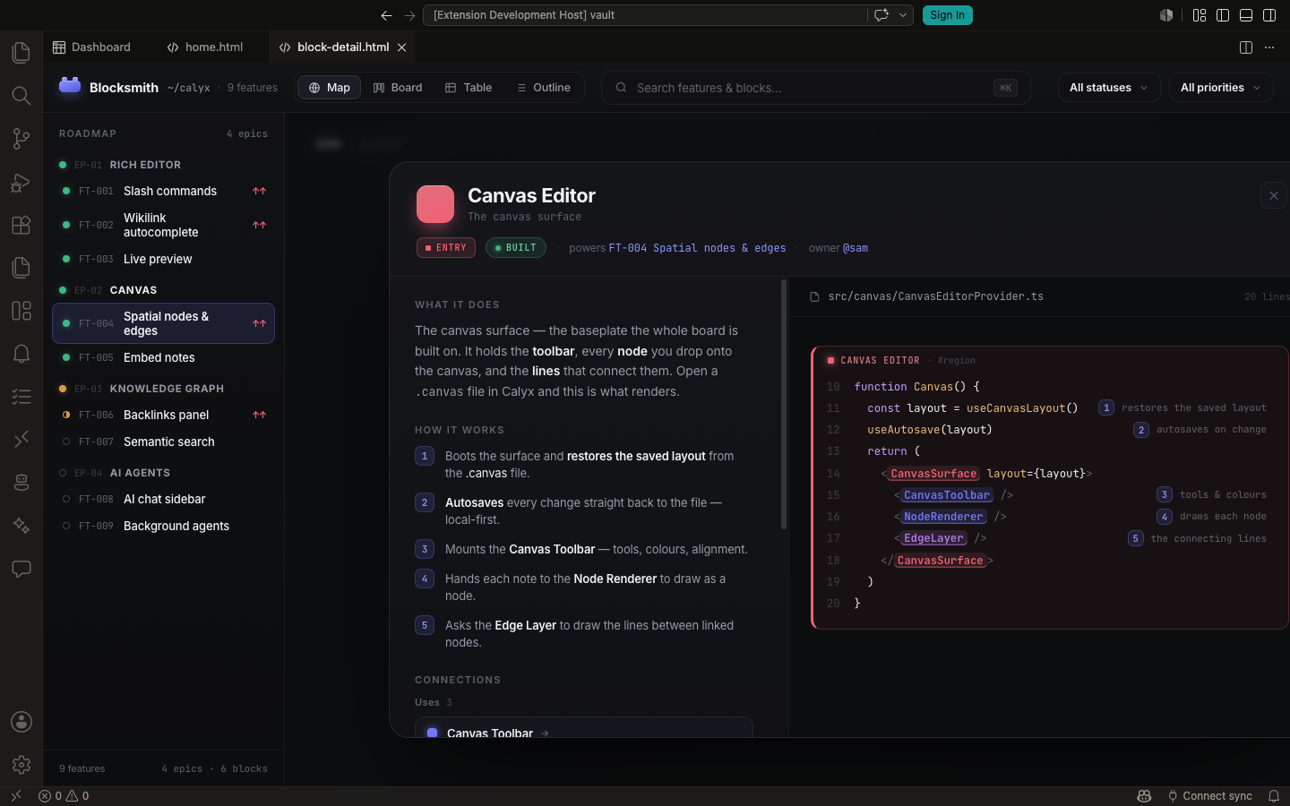 A single block's detail view: a human description and receipts on the left, the underlying source code on the right
