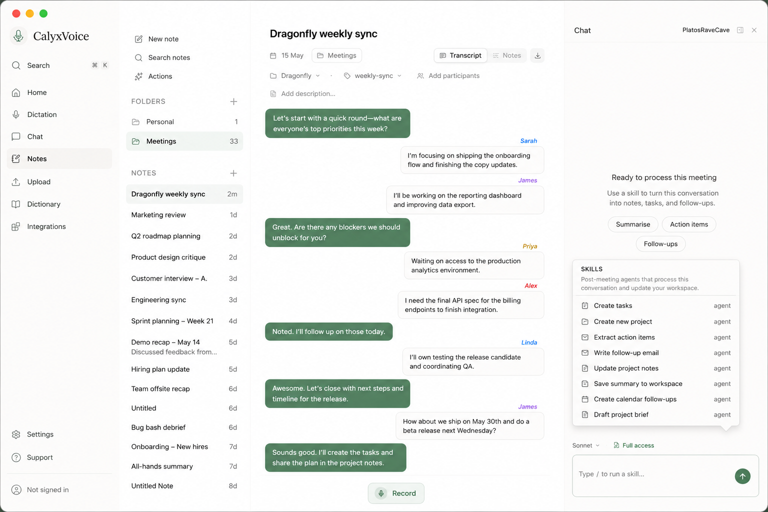 A CalyxVoice meeting note open next to a chat panel listing post-meeting skills — Create tasks, Create new project, Extract action items, Write follow-up email, Update project notes — each run by an agent against the vault