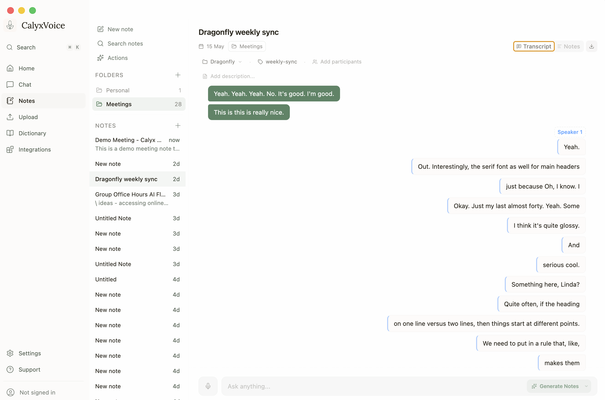 A saved CalyxVoice meeting note titled Dragonfly weekly sync, filed in a Meetings folder, with a speaker-attributed transcript and highlighted excerpts