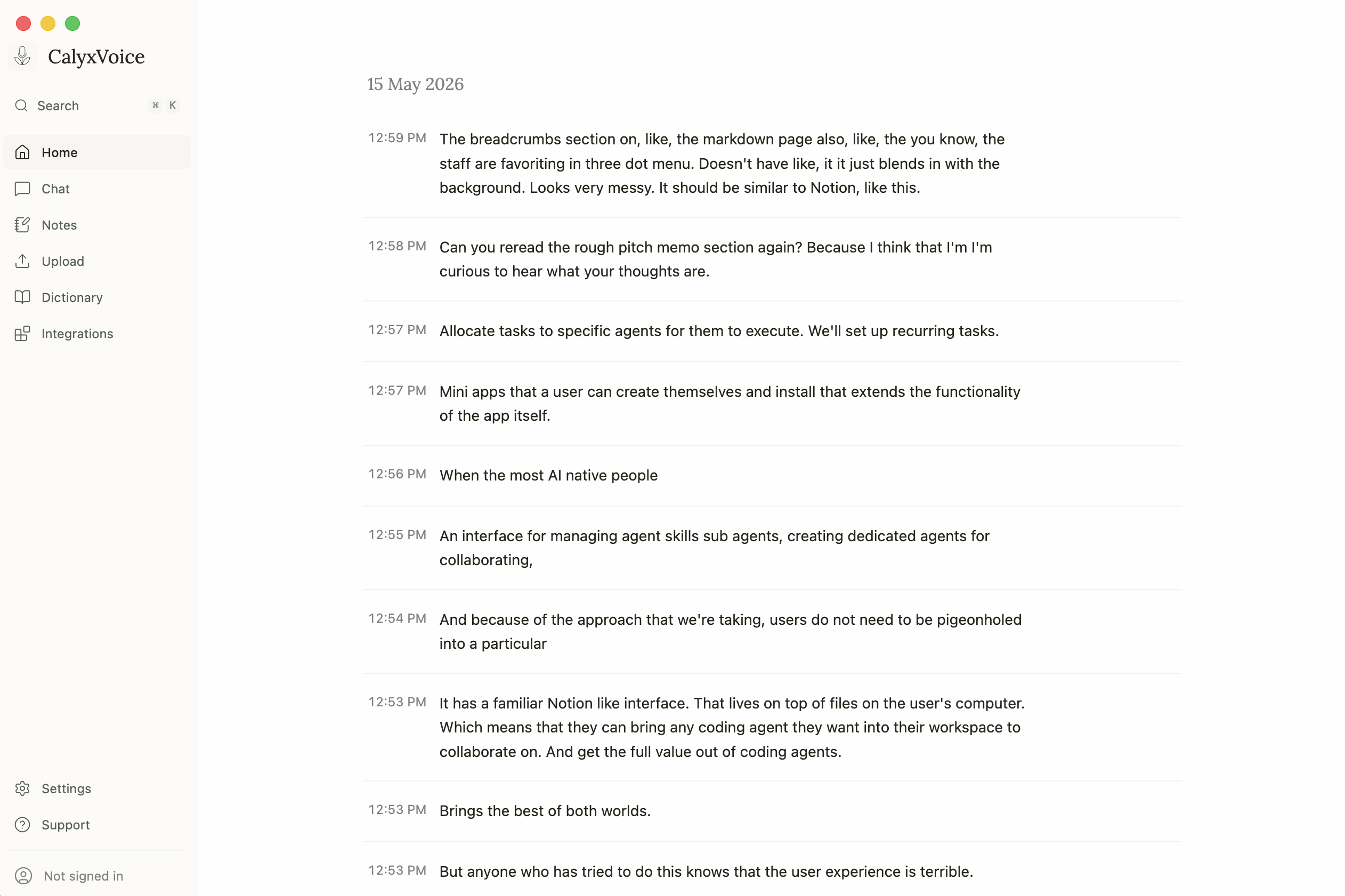 CalyxVoice showing a live, timestamped transcript of a meeting streaming in line by line