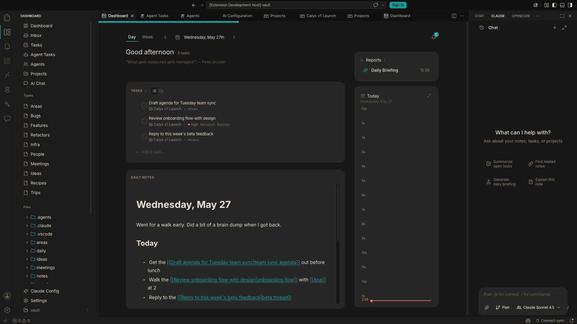 Calyx dashboard showing daily view with tasks, greeting, and sidebar navigation