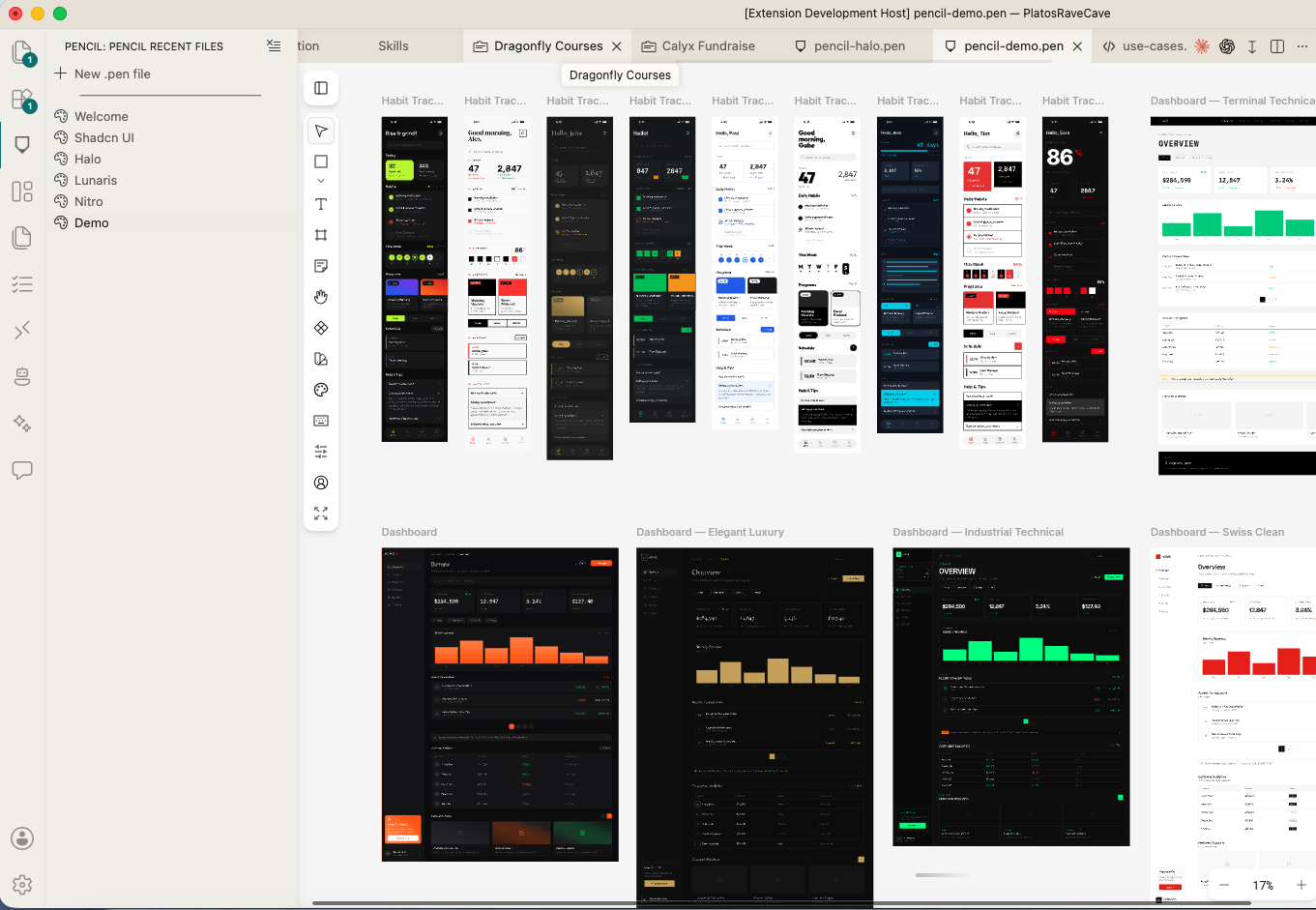The Pencil design tool open as an app inside Calyx, showing a canvas full of dashboard and mobile app design mockups alongside other workspace tabs