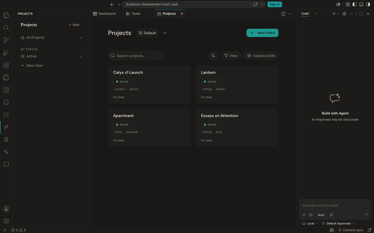Projects view showing four project cards with status, tags, and overview