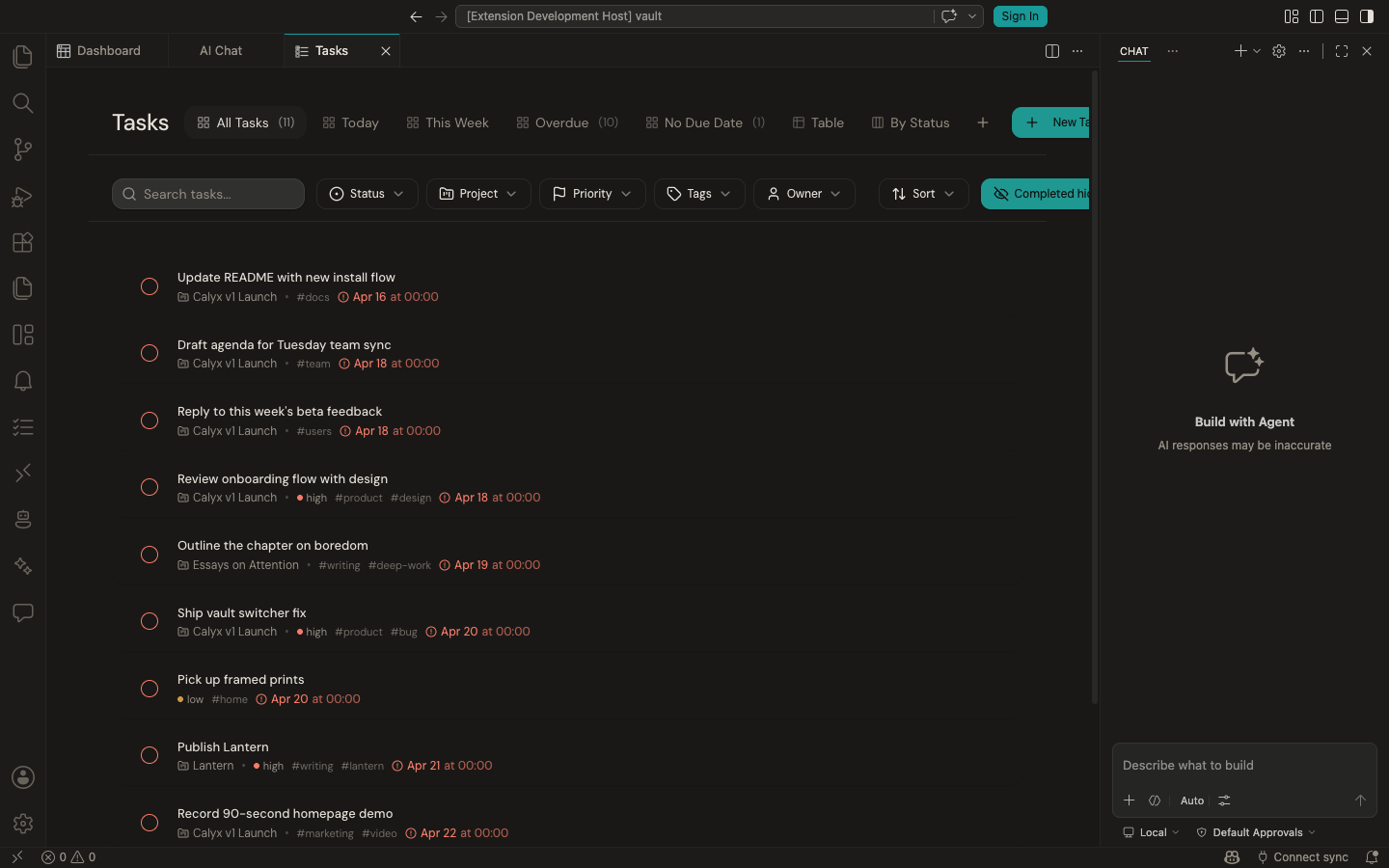 Tasks list view with filters for status, project, priority, and tags